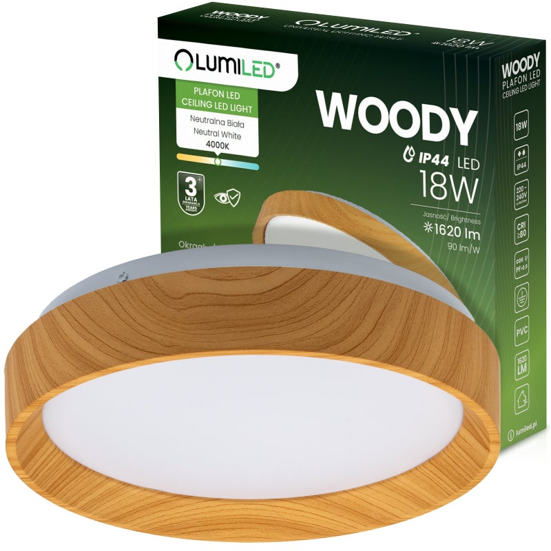 Plafon LED Lumiled Lampa Sufitowa Natynkowa Drewno PVC 18W 4000K Neutralna biel Okrągły IP44 27cm 1 szt.