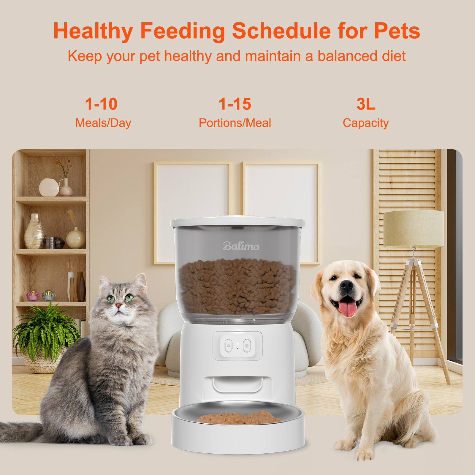 Balimo 3L Distributeur Croquettes Chat Automatique 2.4G WiFi, 1-10 Repas par Jour, Blanc - 3