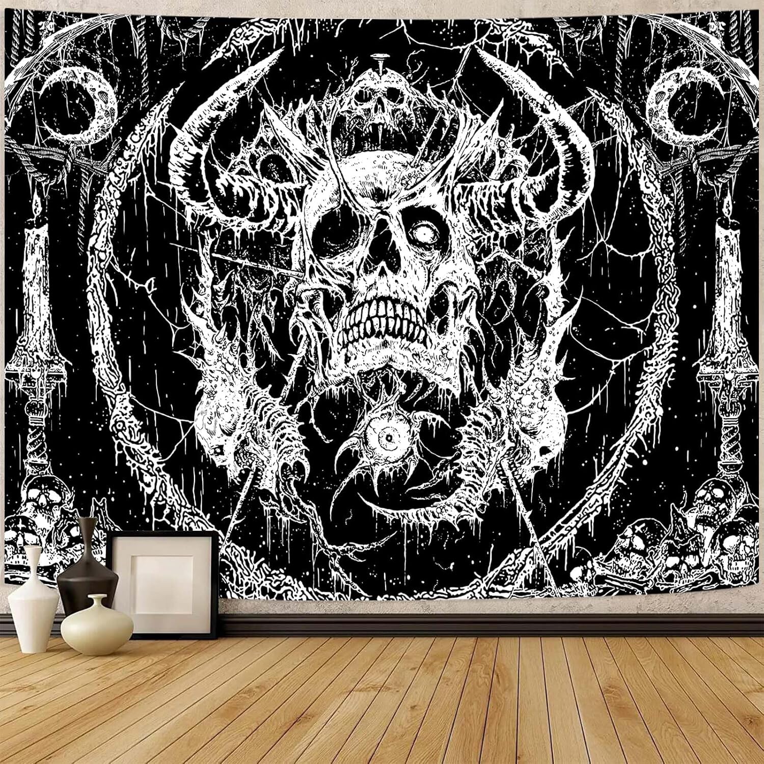 Gobelin ścienny 150x130 cm, dekoracja gotycka, czaszka grozy, księżyc, mistyczny, mroczny szkielet, gobelin do sypialni, czarny