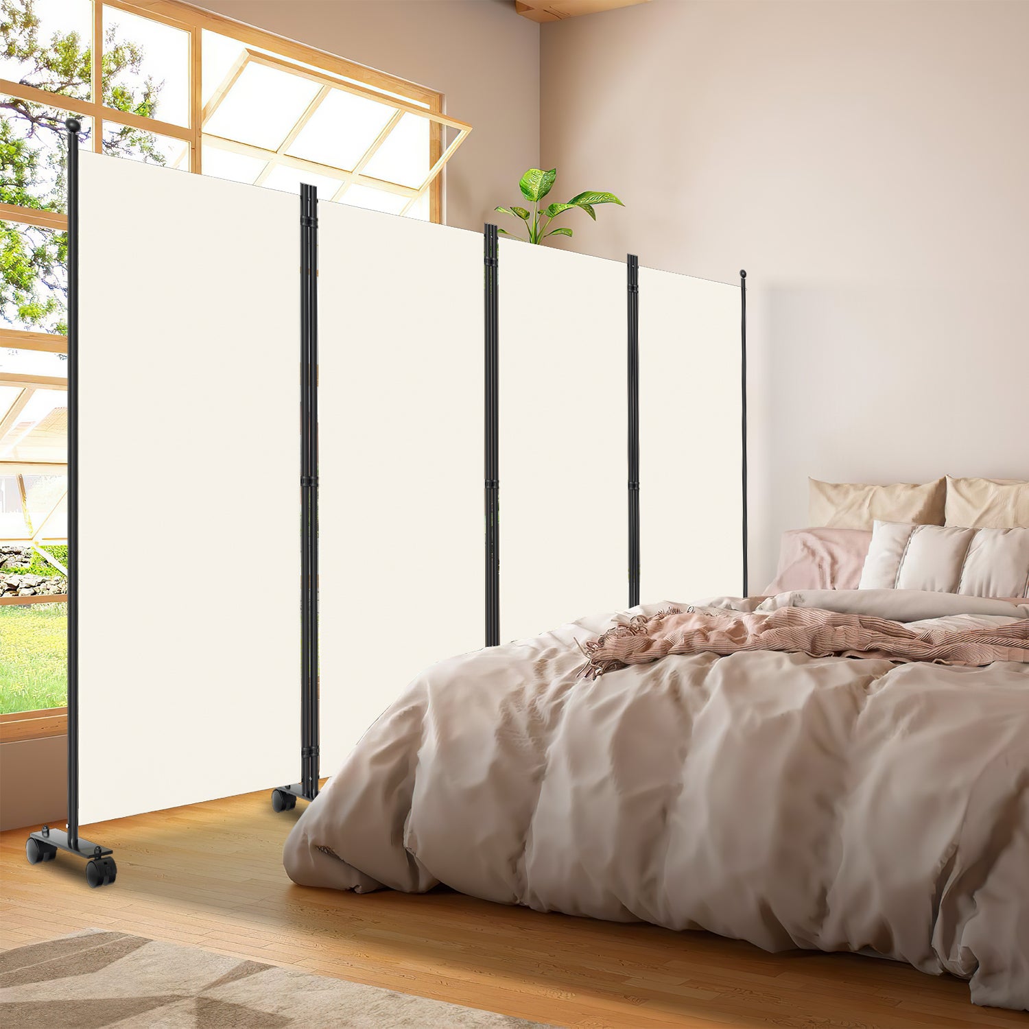 Paravent Séparation Pliable avec roulettes, Cadre en Métal, Idéal pour Salon, Bureau, Hôpital 4 Panneaux Beige 228x181 cm - 6