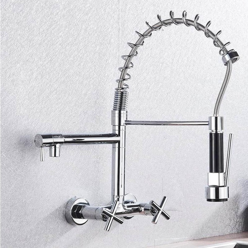 Dwuuchwytowa bateria kuchenna z ciepłą i zimną wodą, montowana na ścianie, z podwójną obrotową wylewką, chromowana