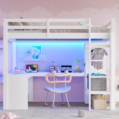Lit mezzanine 140x200 cm avec bureau, étagères multifonctions, LED RGB et ports USB, armoire ouverte, structure bois, blanc