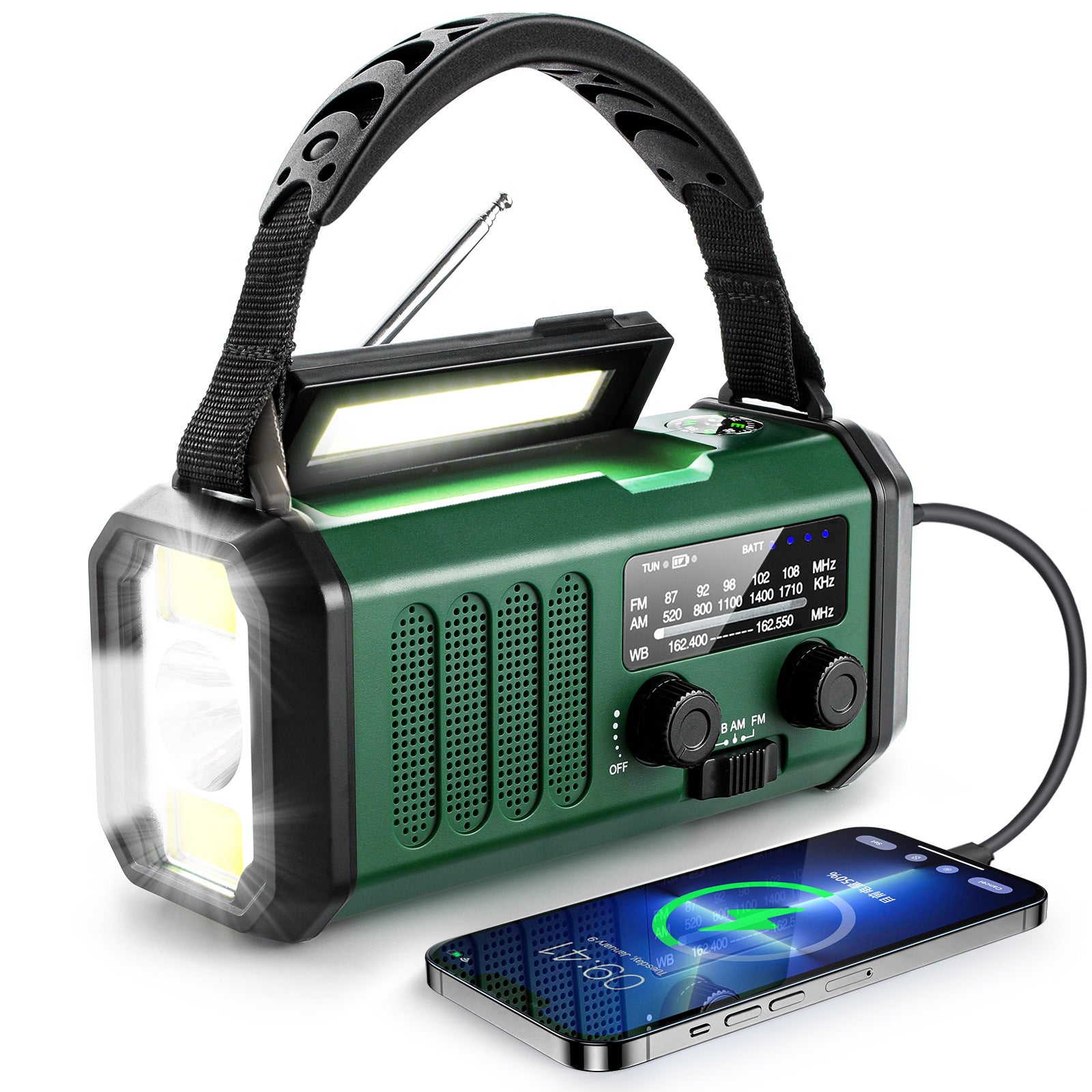 1 x solarne radio awaryjne z korbką, baterią 10 000 mAh, lampką do czytania LED i alarmem SOS na wyprawy kempingowe.