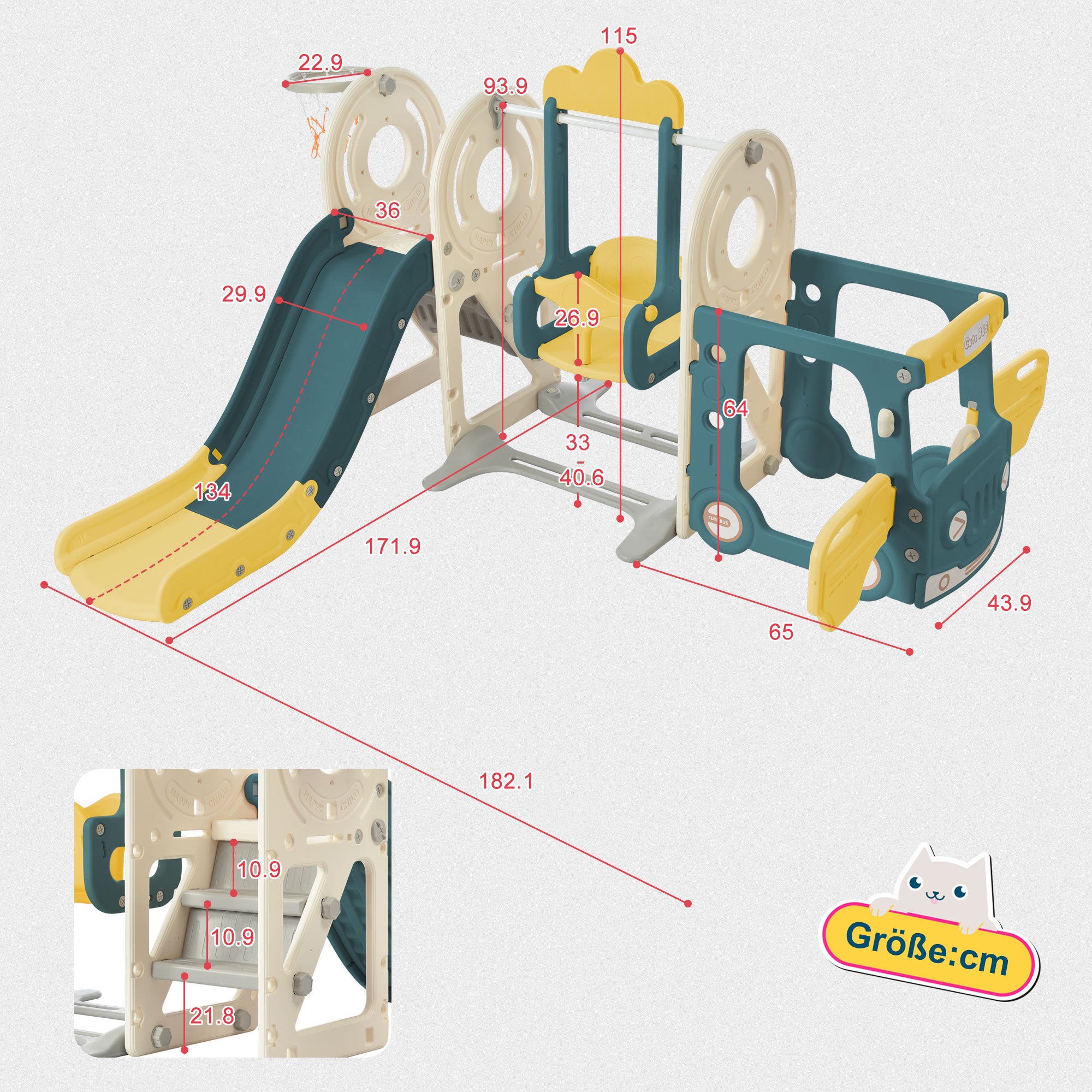 Toboggan pour enfants 5 en 1, pour l'intérieur et l'extérieur, avec balançoire, panier de basket, bus, échelle, vert - 7