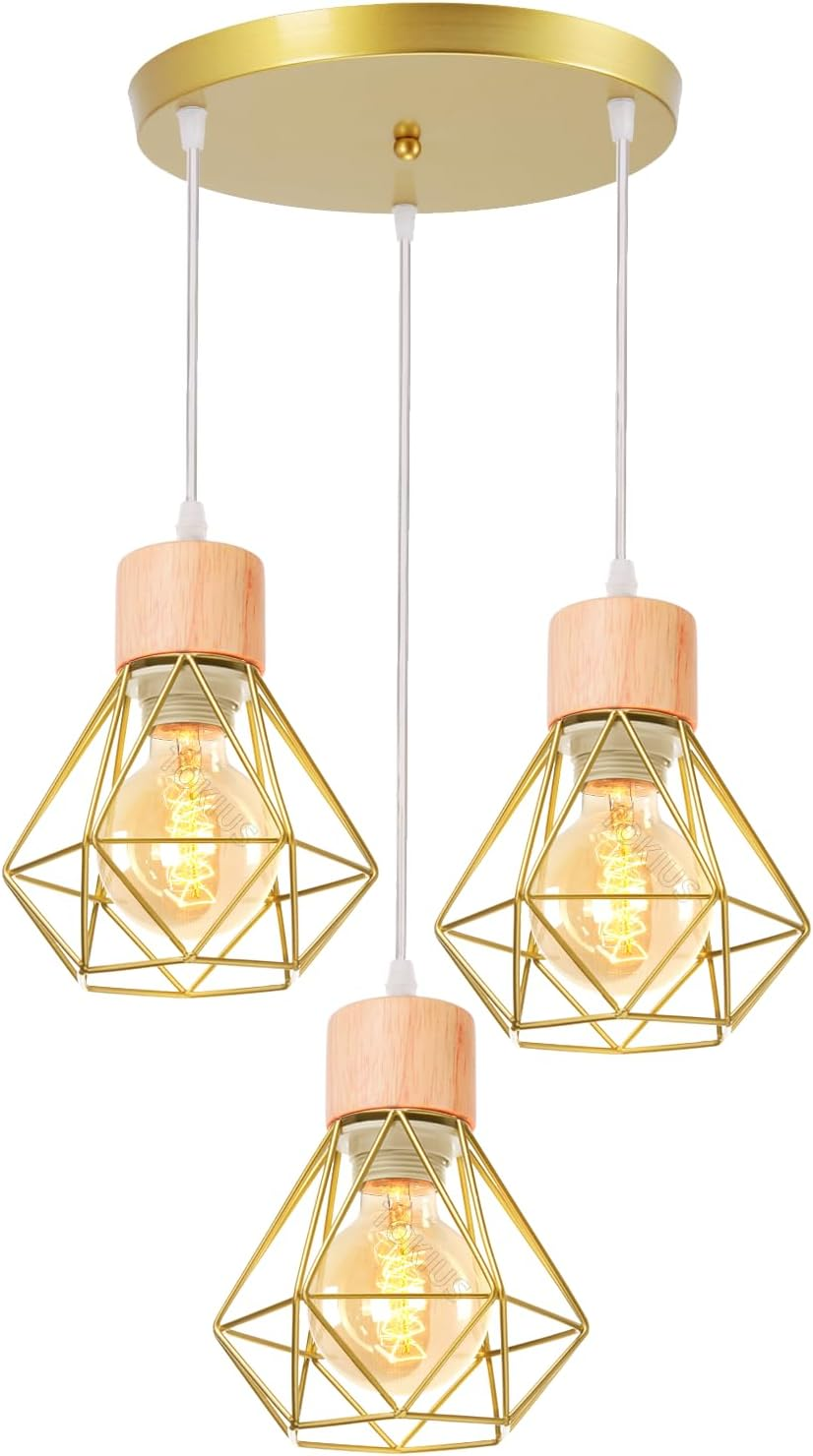 Industrialny żyrandol lampa sufitowa z pozłacaną metalową klatką zawieszenie stylu vintage lampa wisząca regulowana długość przewodu zawieszenia bez
