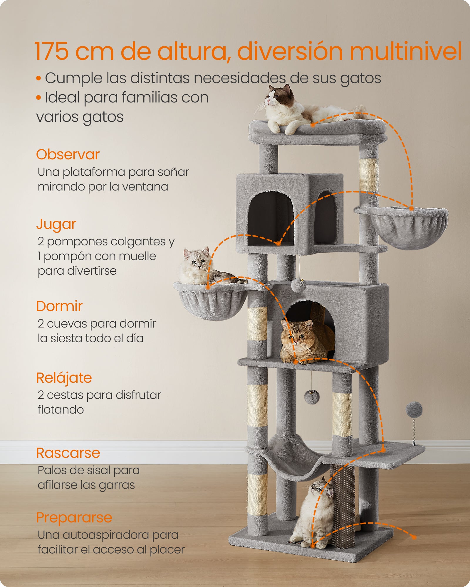 Árbol para Gatos de 175 cm, Multinivel con 2 Cuevas, 2 Cestas, 5 Rascadores, Plataforma, Hamaca, Gris - 3