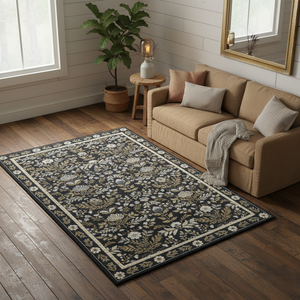Grand Tapis Salon 200x290 Cm Fond Crème Motifs Floraux - 100% Laine - Neuf