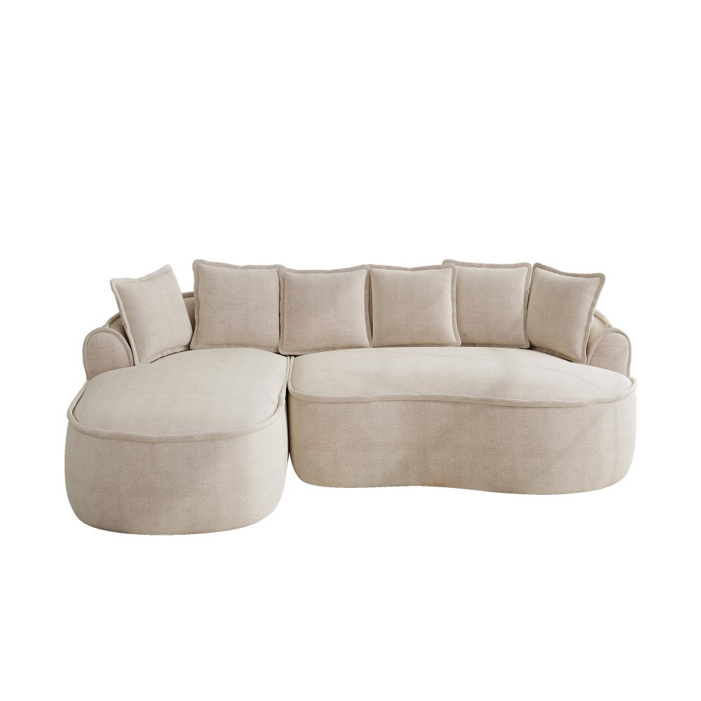 Canapé d’angle modulaire 3 places en tissu chenille, sans cadre, design nuage, couleur marron clair, profond, avec méridienne et coussins - 7