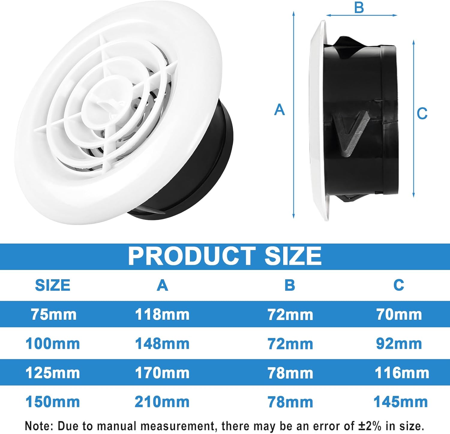 Griglia Di Ventilazione Rotonda Da Soffitto In ABS, Flusso D'aria Regolabile, Per Scarico E Aria Fresca, Diametri 75-200 Mm