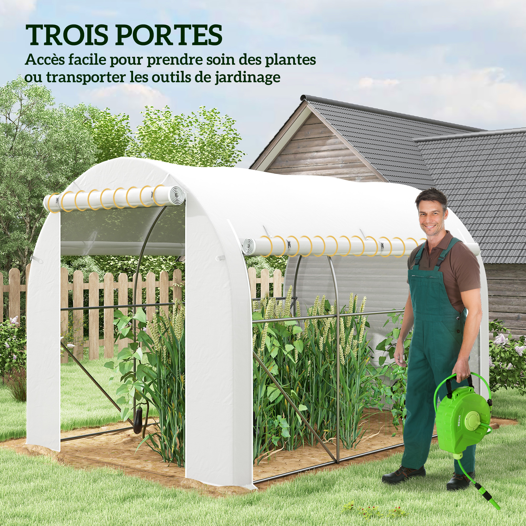 Serre de jardin 6 m² dim. 3 x 2 m avec 1 porte + 2 parois latérales zippées enroulables, 6 fenêtres, Blanc - 7