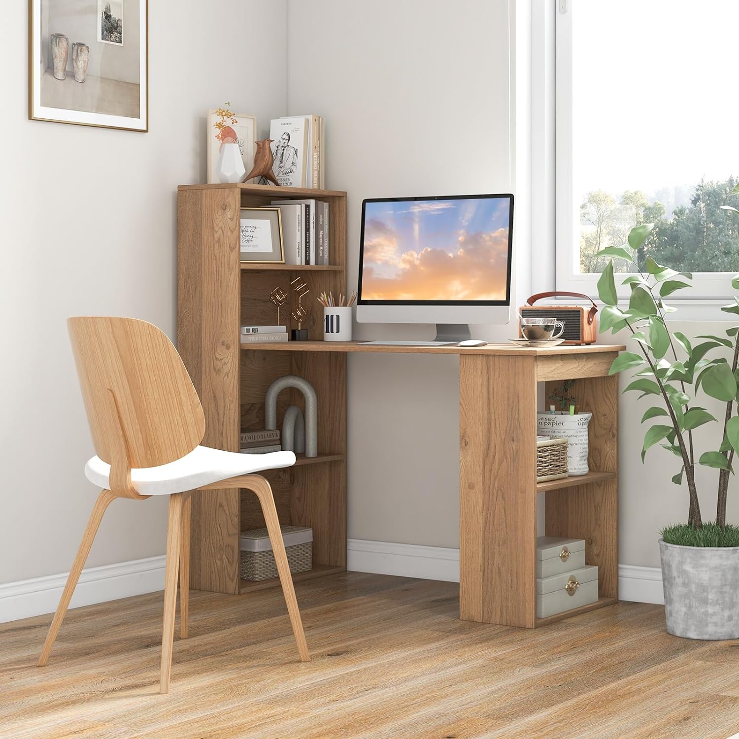 Bureau d'Ordinateur Réversible avec Bibliothèque,Assemblage Facile, pour Maison, Bureaux (Naturel) - 2