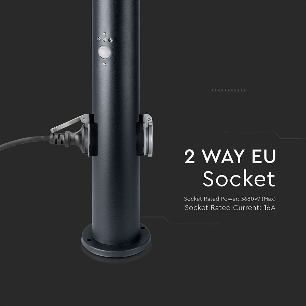 Lampe de jardin LED 60cm avec douille E27, 2 prises Schuko et détecteur de mouvement (max 60W) Acier inoxydable Noir IP44 - 5