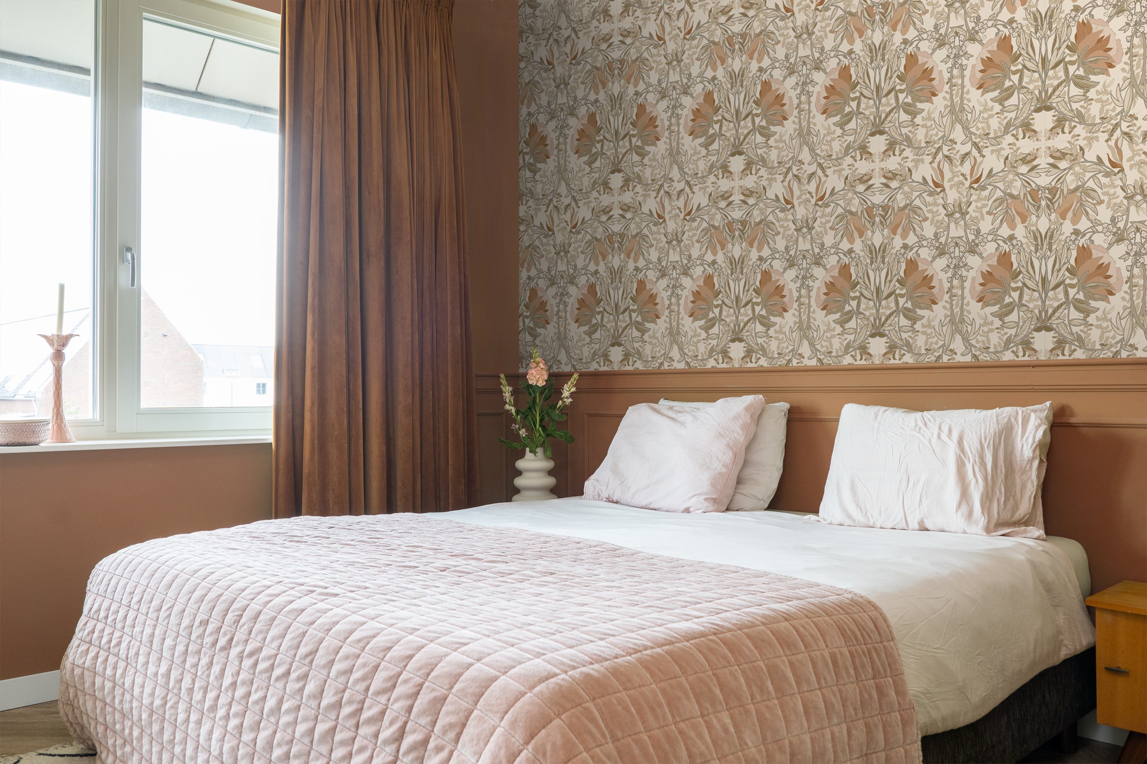 Papier peint fleurs vintage de style art nouveau beige clair et vieux rose - 53 cm x 10.05 m - ESTAhome - 7