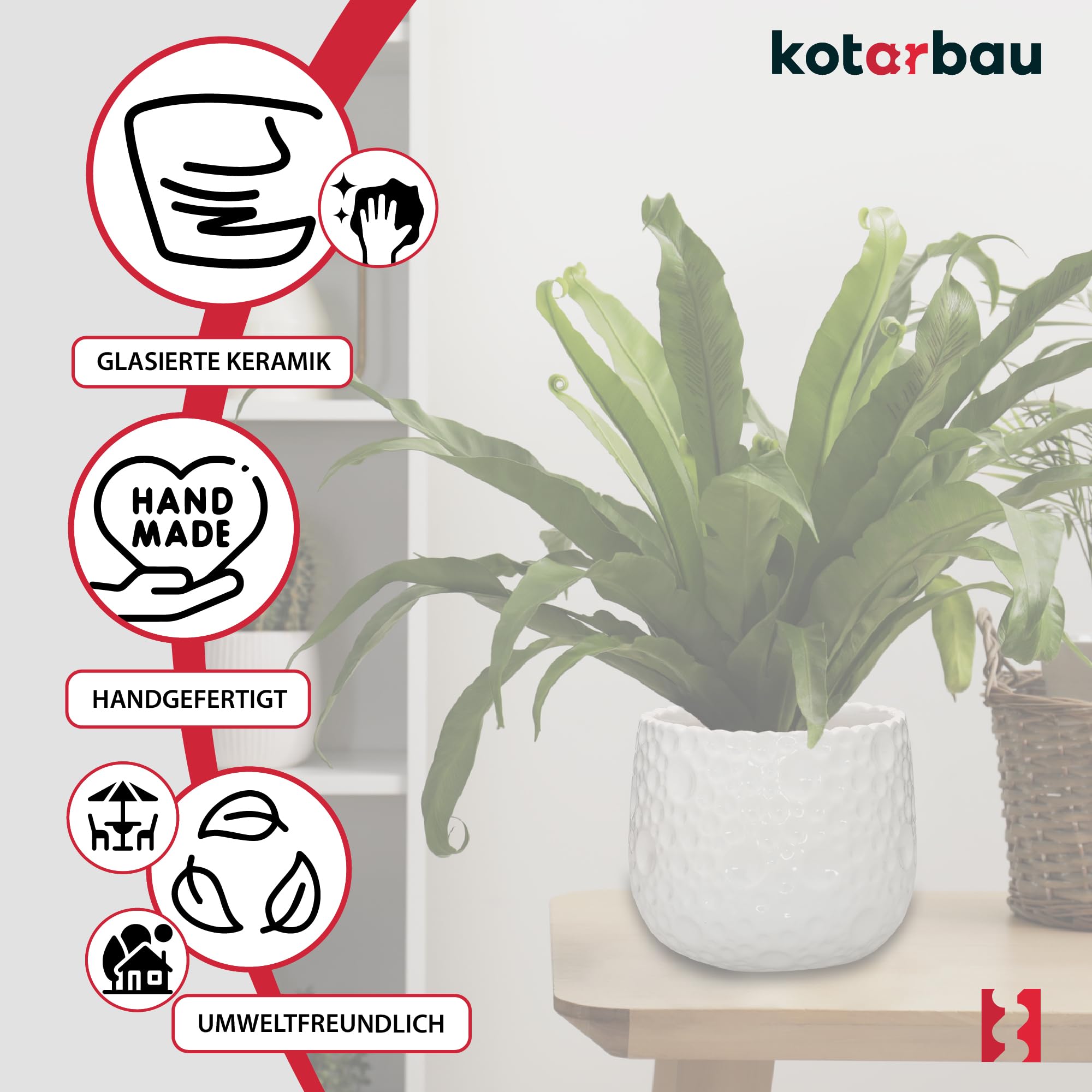 Lot de 2 Pots de Fleurs Ronds en Céramique, Diamètre : 12 cm, Hauteur : 12,5 cm, Blanc, Cache-Pot pour Plantes d'Intérieur - KOTARBAU - 5