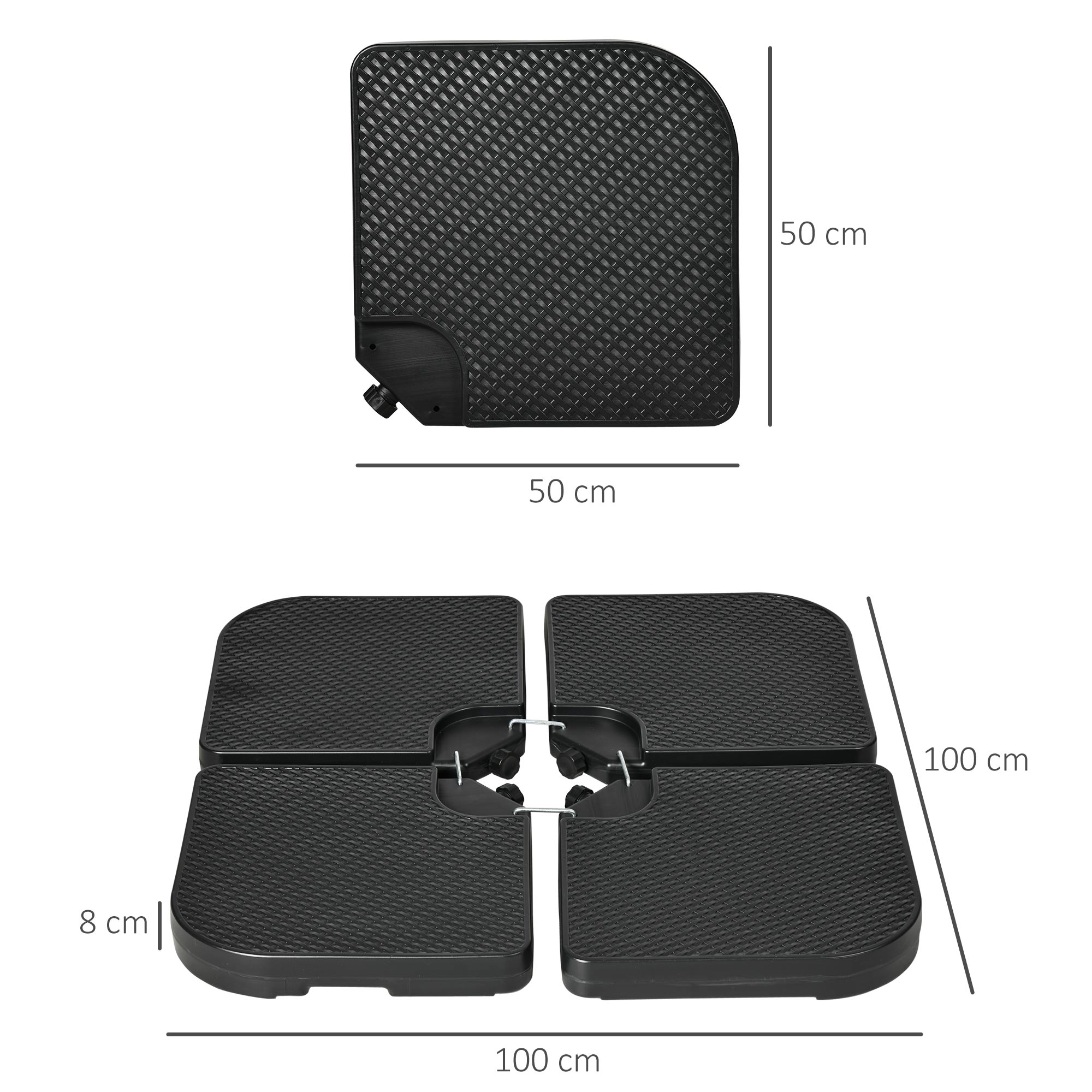 Poids de parasol 4 pièces, pour parasol déporté, remplissables de 80 kg de sable ou 60 kg d’eau, avec poignées, matériau HDPE, couleur noire - 3