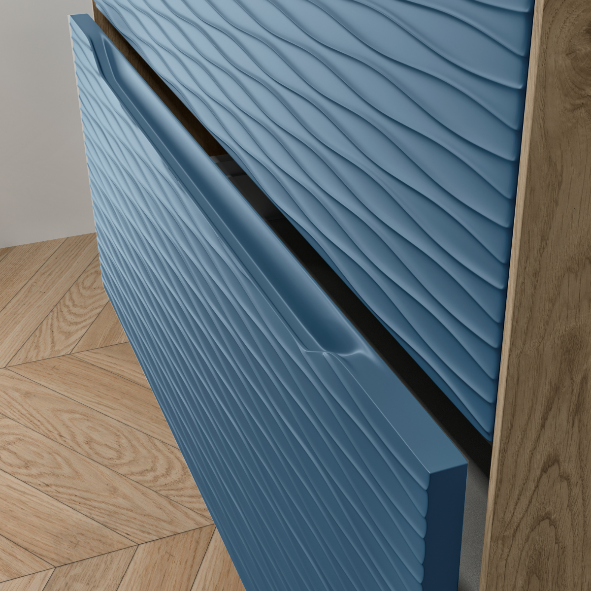 Mobili da bagno a muro con lavandino in ceramica | 2 cassetti | Quercia Naturale - Spazio Blu | 100cm - 2