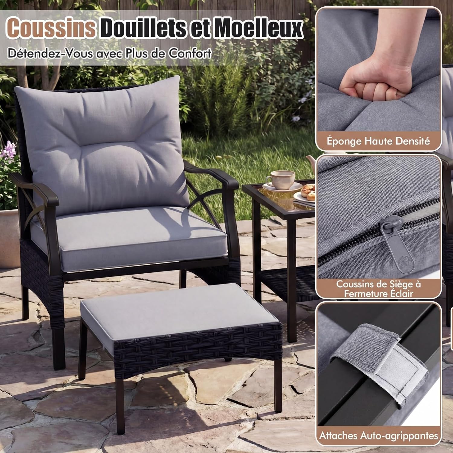 GIANTEX Conjunto Móveis Pátio 5 Peças em Rattan, 2 Cadeiras 2 Pufs e 1 Mesa Baixa Tampa Vidro Temperado Almofadas, para Pátio Quintal, Cinza - 6