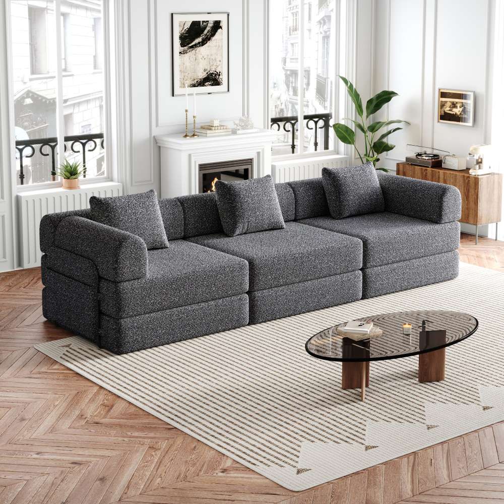Sofa rozkładana 2 w 1 z podłokietnikami i miejscem do przechowywania, metalową ramą z trzema podporami i wszechstronnymi możliwościami konfiguracji