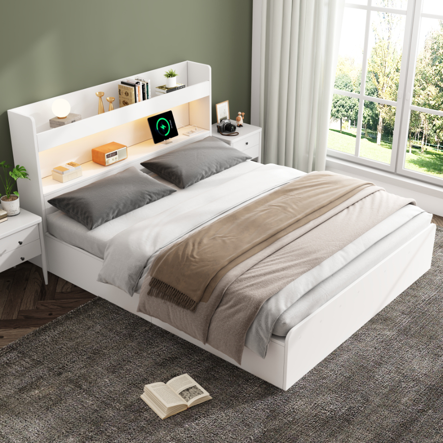 Letto con Rete da140x200cm in Legno Massiccio, Letto Matrimoniale