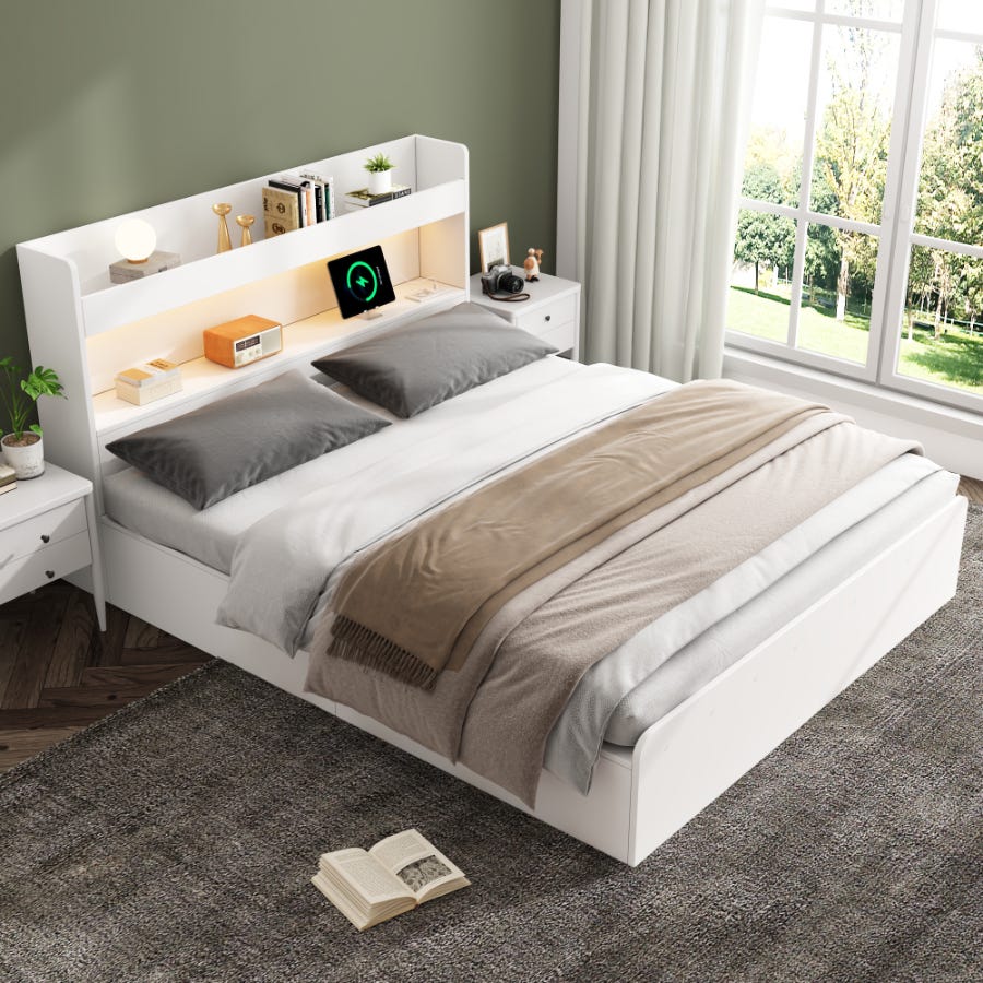 Letto con Rete da140x200cm in Legno Massiccio, Letto Matrimoniale