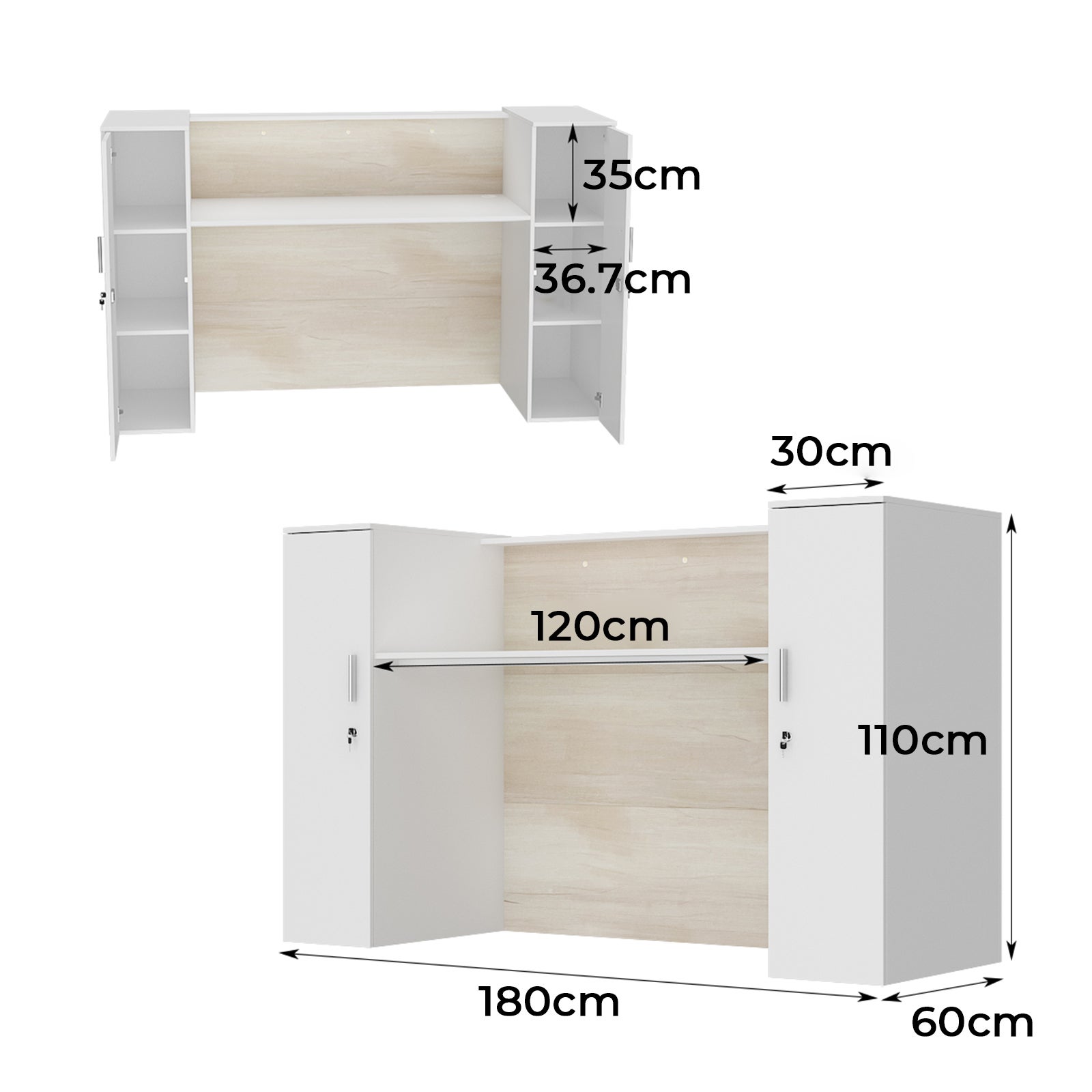 Bureau d’Accueil avec 2 Portes verrouillables, Comptoir de réception avec Compartiments, Salon et Bureau, 180x60x110cm, Naturel - 2