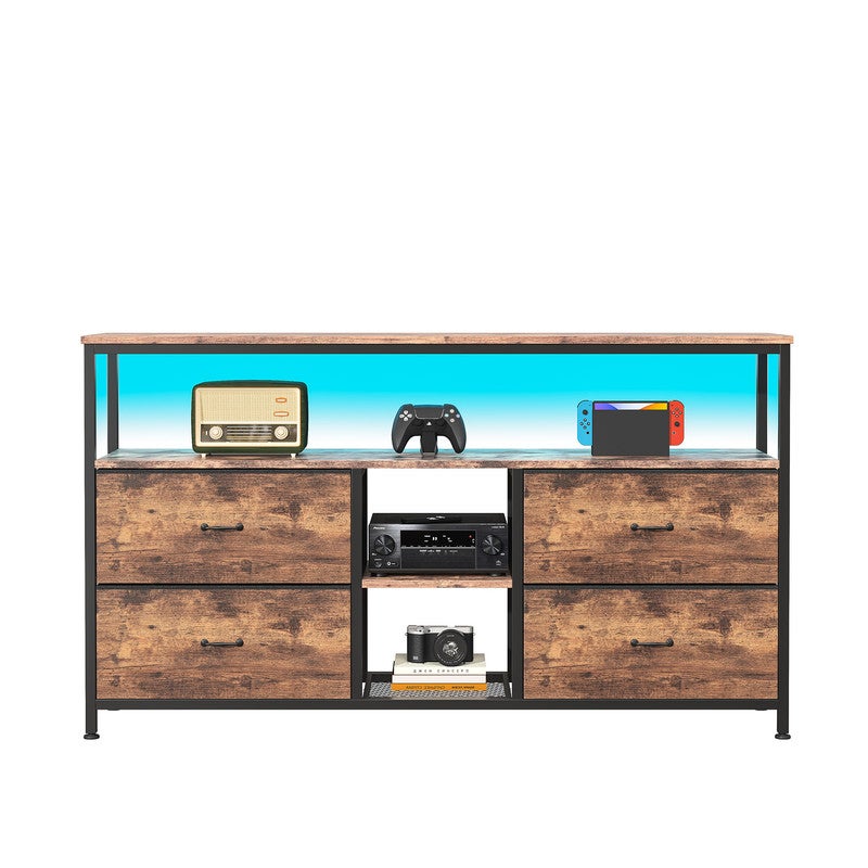 Meuble TV, 108x30x78cm, avec bande lumineuse LED et 4 tiroirs en tissu rétro, pieds réglables en hauteur, structure en fer, meuble tele - 9