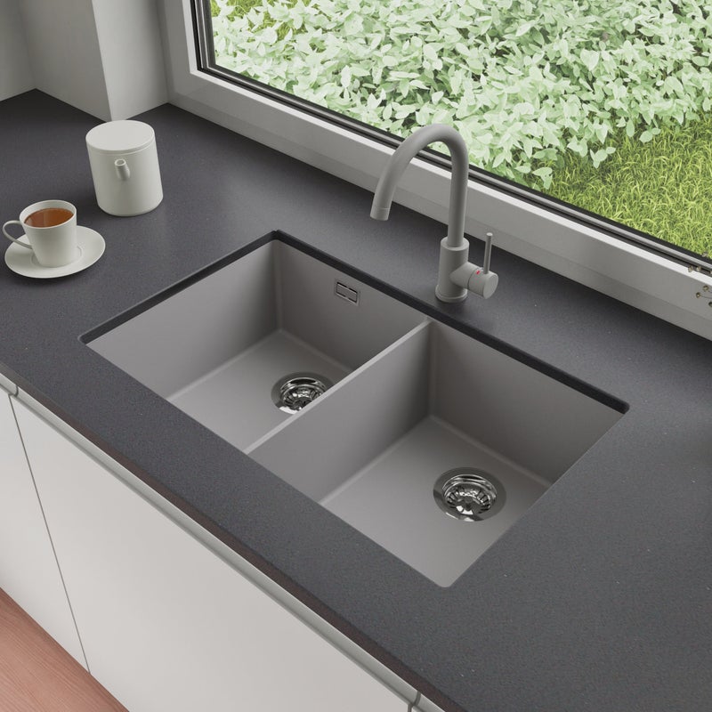 Zlewozmywak podblatowy 76x47cm, do szafki od 80cm + Bateria + Syfon - Agate Szary STONESTYLE