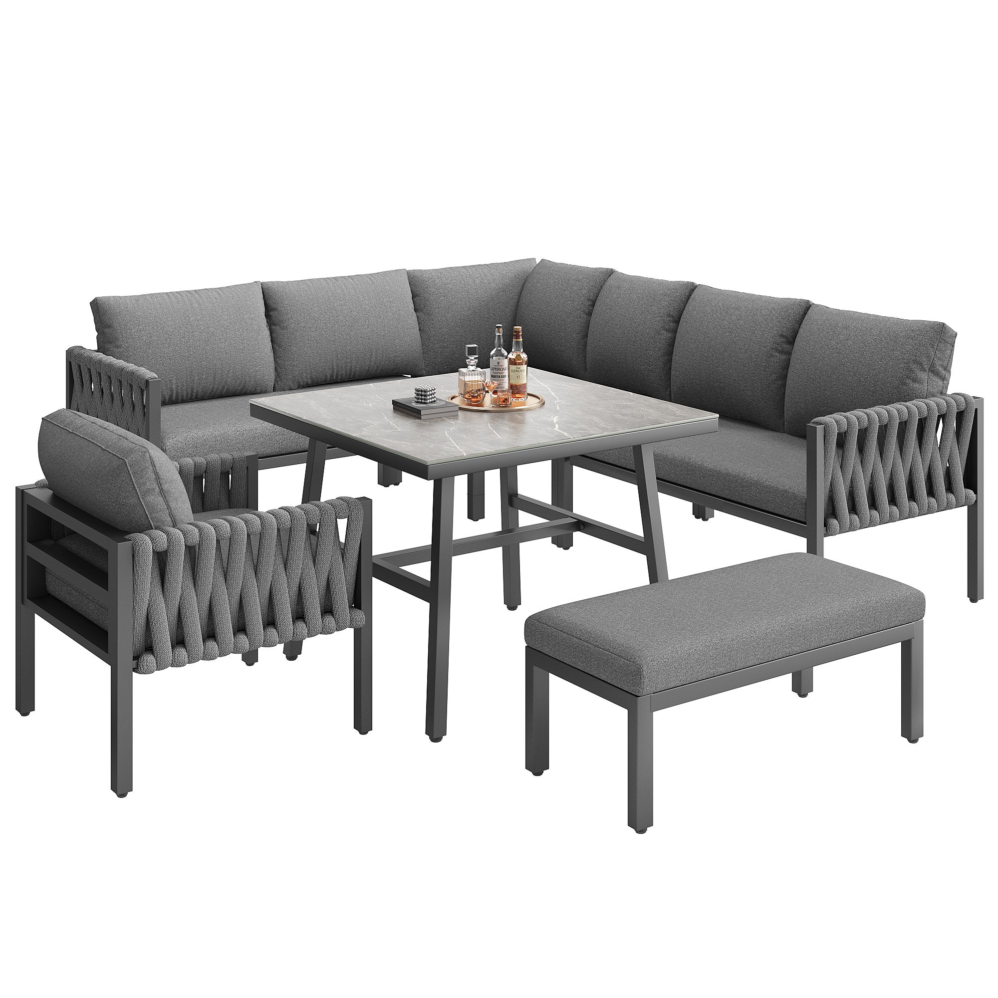 Conjunto de muebles de jardín exterior en L de hierro para 8 plazas con cojines | 3 sofás sillones en ratán PE + 1 banco tapizado + mesa – gris oscuro - 7