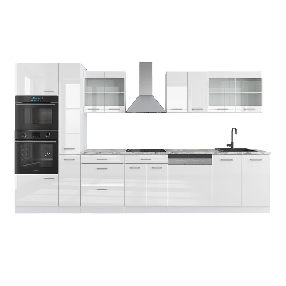 Vicco Zabudowa kuchenna R-Line, Biały wysoki połysk/biały, 350 cm z wysoką szafką, BR Marmur