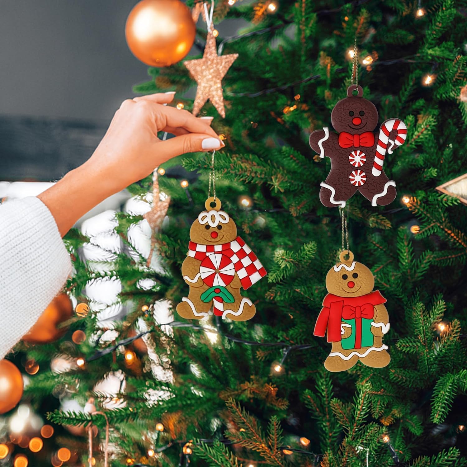 12 peças de enfeites para pendurar em árvores de Natal, enfeites de Natal em formato de boneco de gengibre, enfeites para pendurar em árvores de Natal - 6