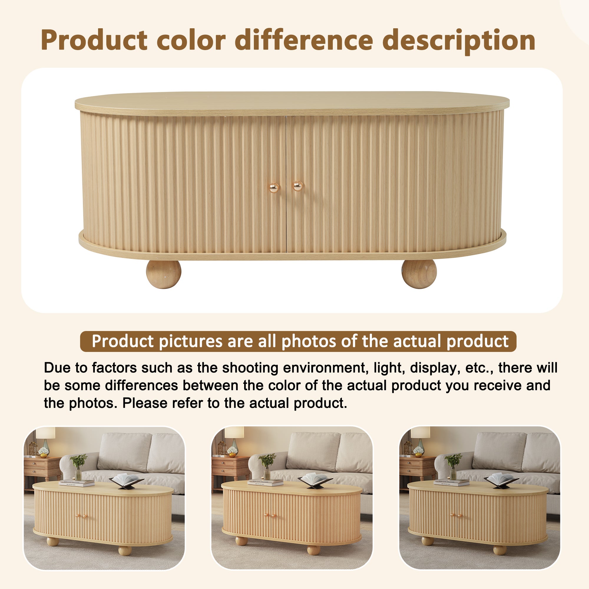 Table basse ovale avec 2 portes coulissantes et compartiment - 100 x 50 x 40 cm - Bois MDF - Couleur bois - 7