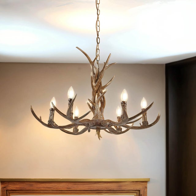 Lustre suspendu pour salon marron en bois de cerf Ø 80 cm 6x E14 rustique