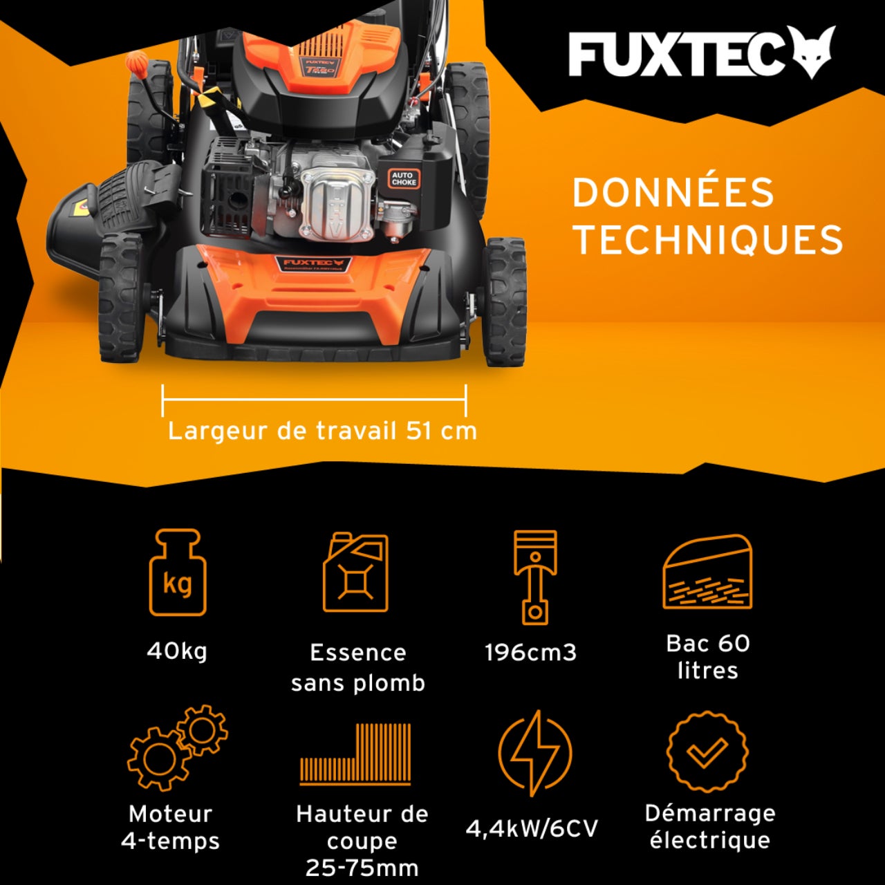 Tondeuse Autoportée Thermique FUXTEC FX-RM5196 - 6CV, 196 Cm³, Coupe 51cm, Fonction Paillage, Moteur 4 Temps