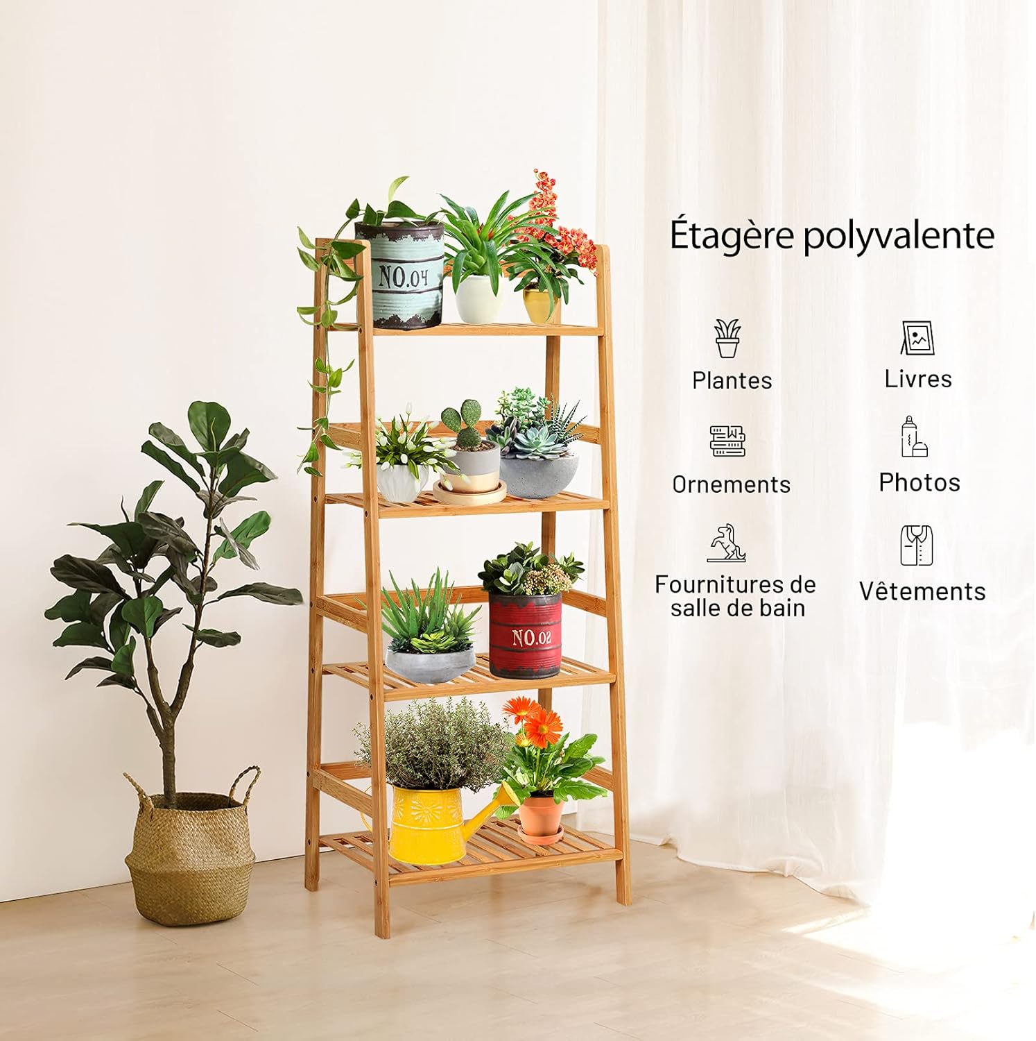 Étagère de Rangement à 4 Niveaux, Bibliothèque Rustique à Structure Solide en Bambou, Support de Plantes Multifonctionnel pour Séjour, Bureau - 5