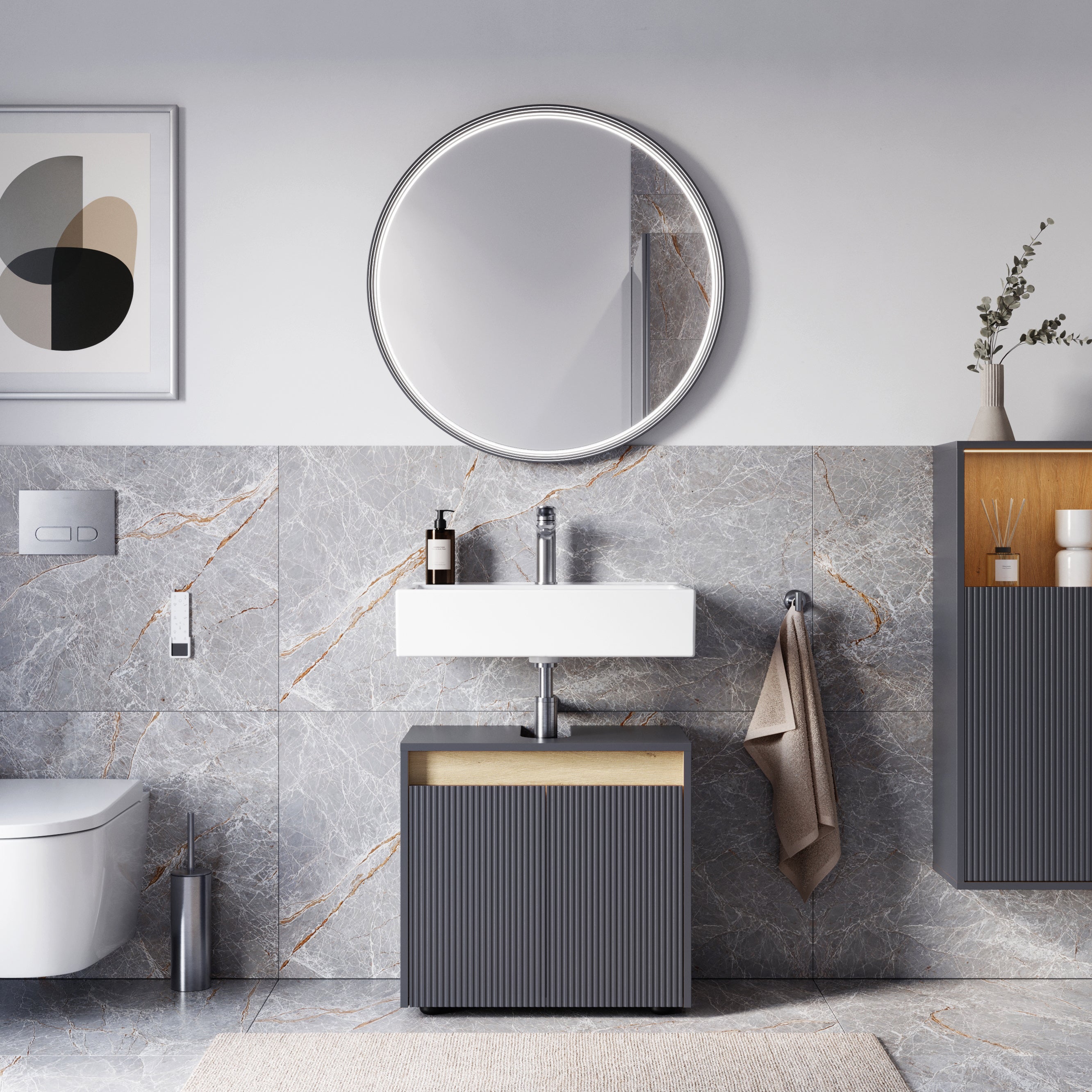 BERNSTEIN - Meuble sous vasque à poser MDF Anthracite mat 60x35x54cm (LxPxH) + 2 portes - BELDIVO - 2