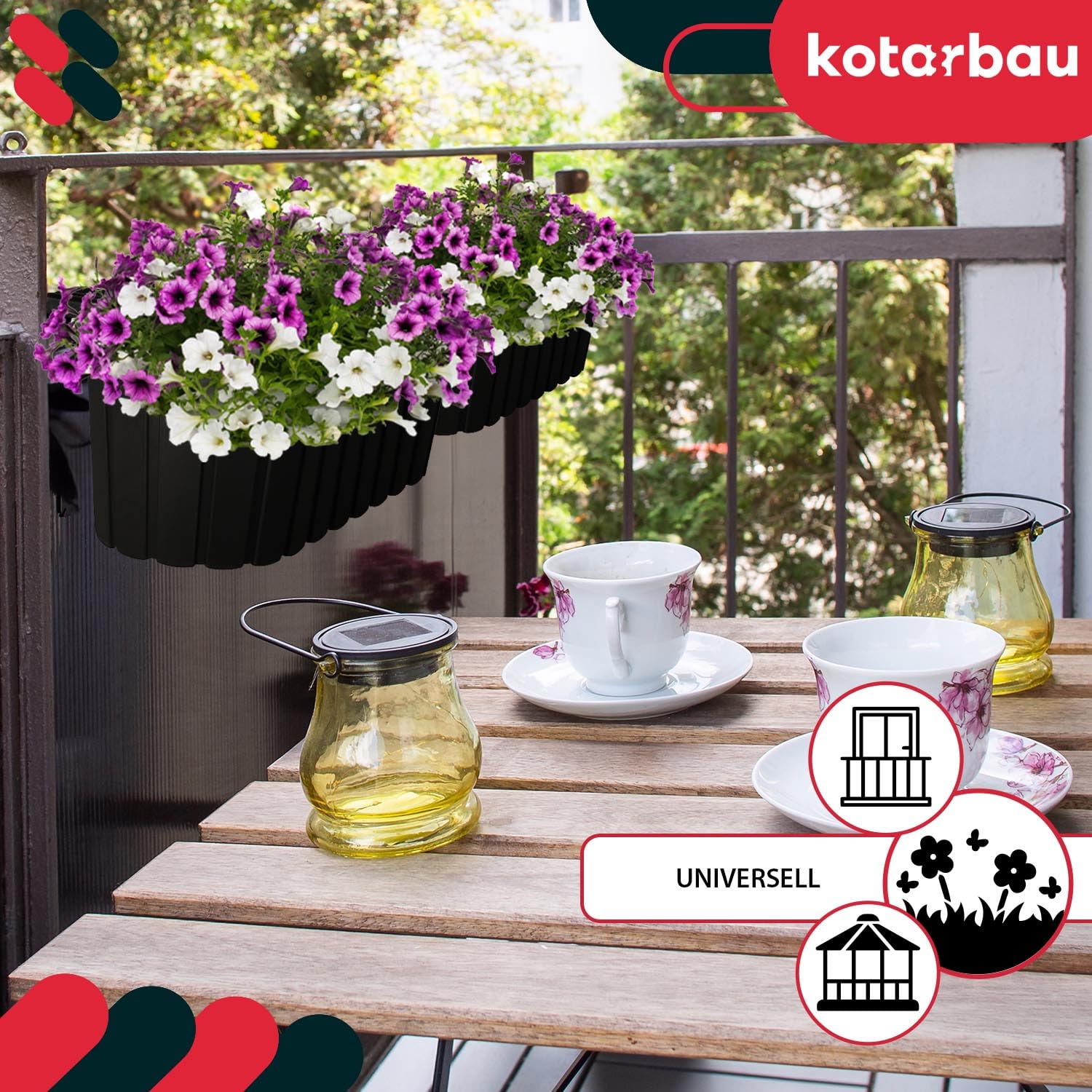 Fioriera da Esterno - Vasi per Piante da Esterno - 40 x 15 x 15 cm - Fioriera da Balcone - Rettangolare - PVC - Marrone - con Supporto - KOTARBAU - 4