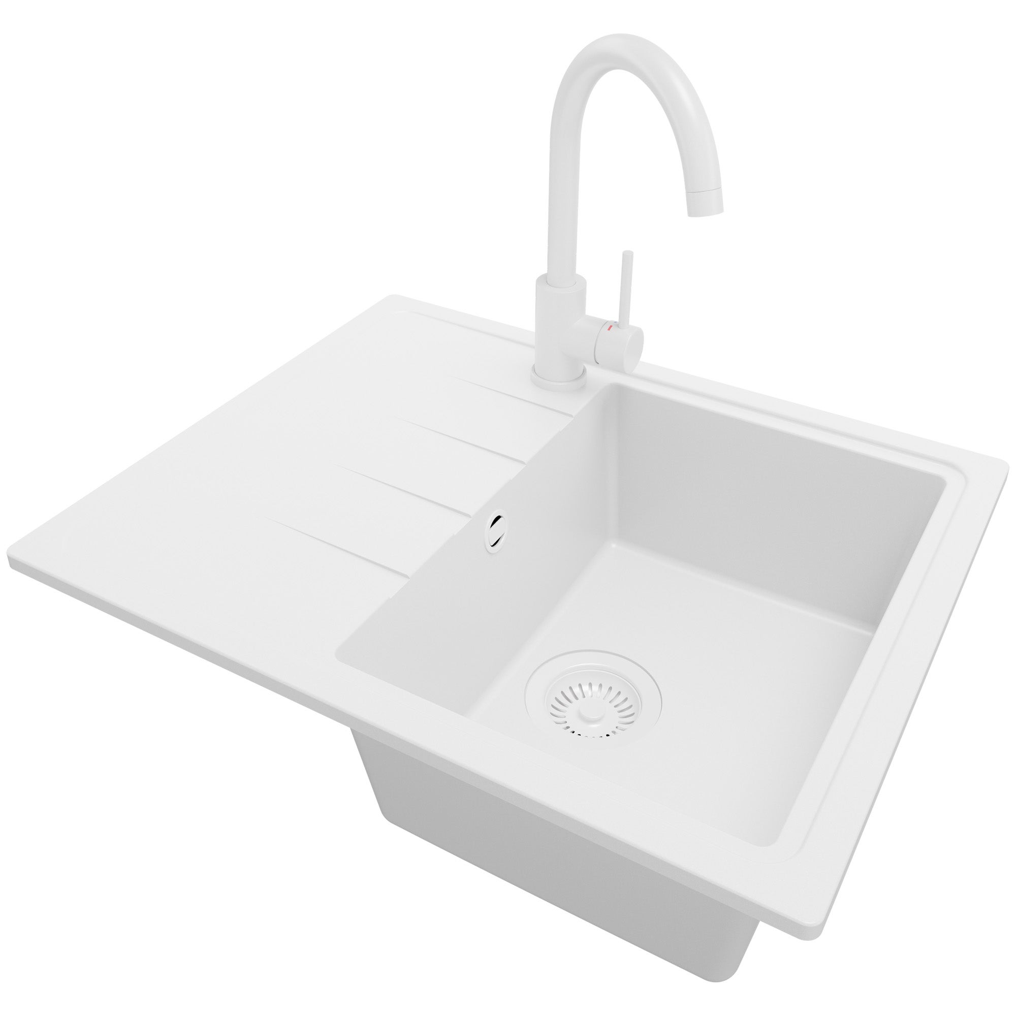 Zlewozmywak Granitowy Cały Biały 62x50cm, Zlew Kuchenny 1 Komorowy + Bateria 32x20cm + Syfon, Nablatowy do szafki od 40cm - Mediolan PRIMAGRAN