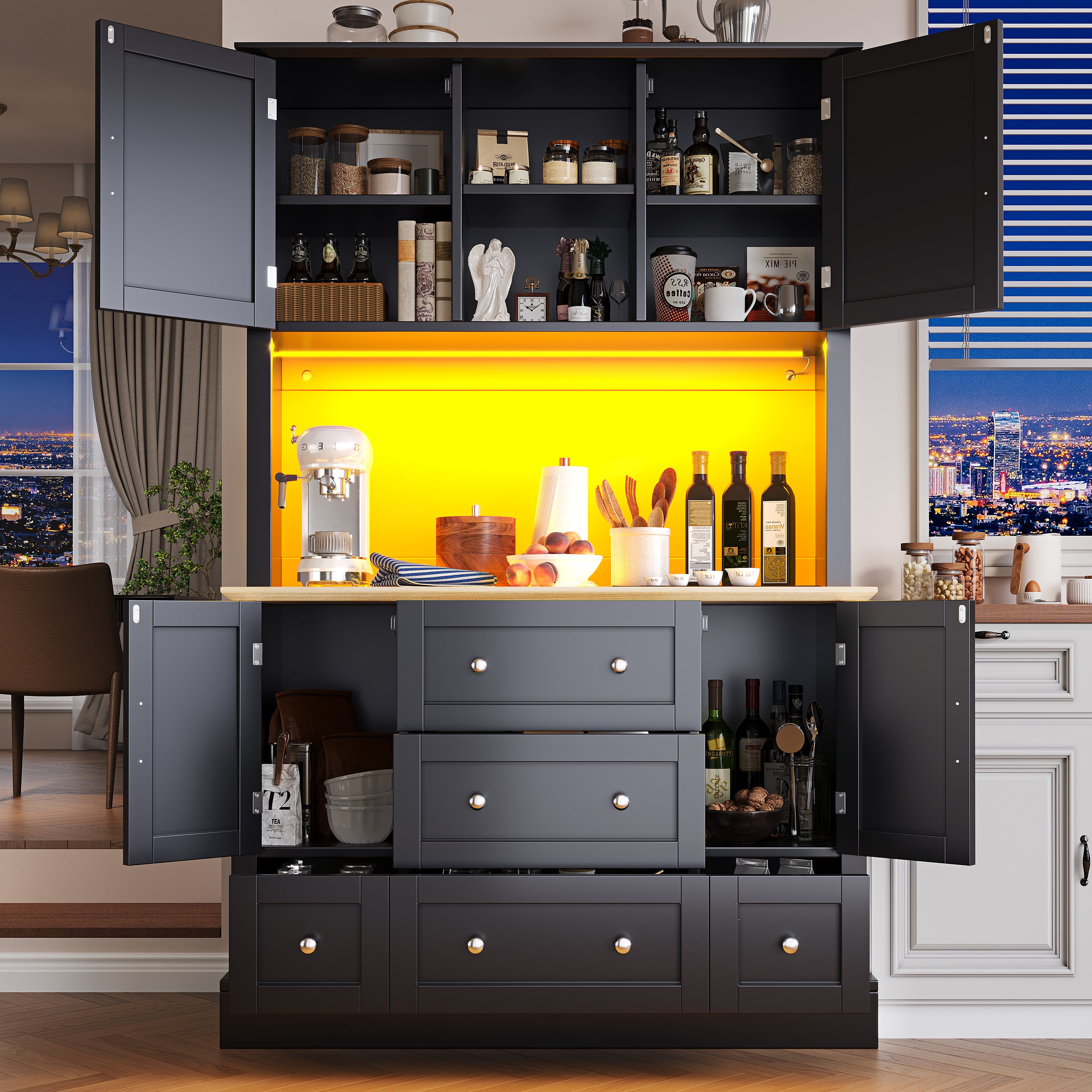 Buffet de cuisine avec 4 portes et 3 tiroirs - 115 x 40 x 180 cm - LEDs - MDF - Noir + naturel - 2