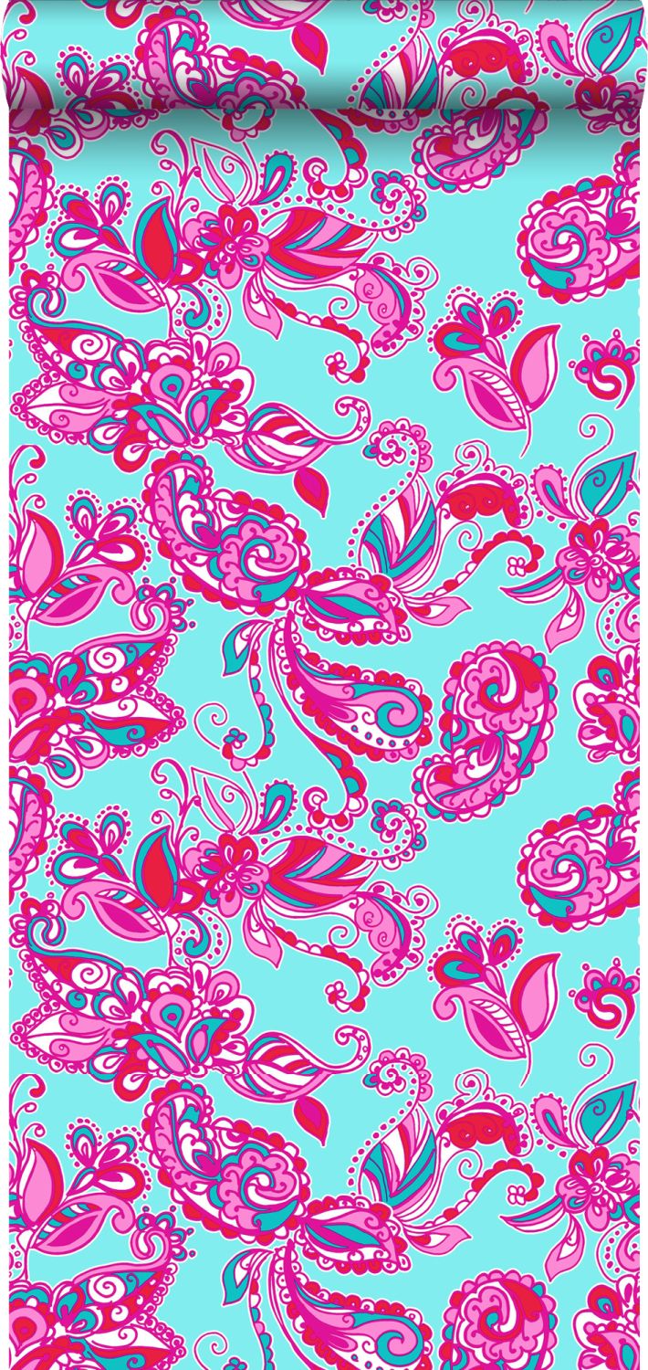 Papel pintado flores y paisleys funky turquesa y rosa - 53 cm x 10,05 m - estahome