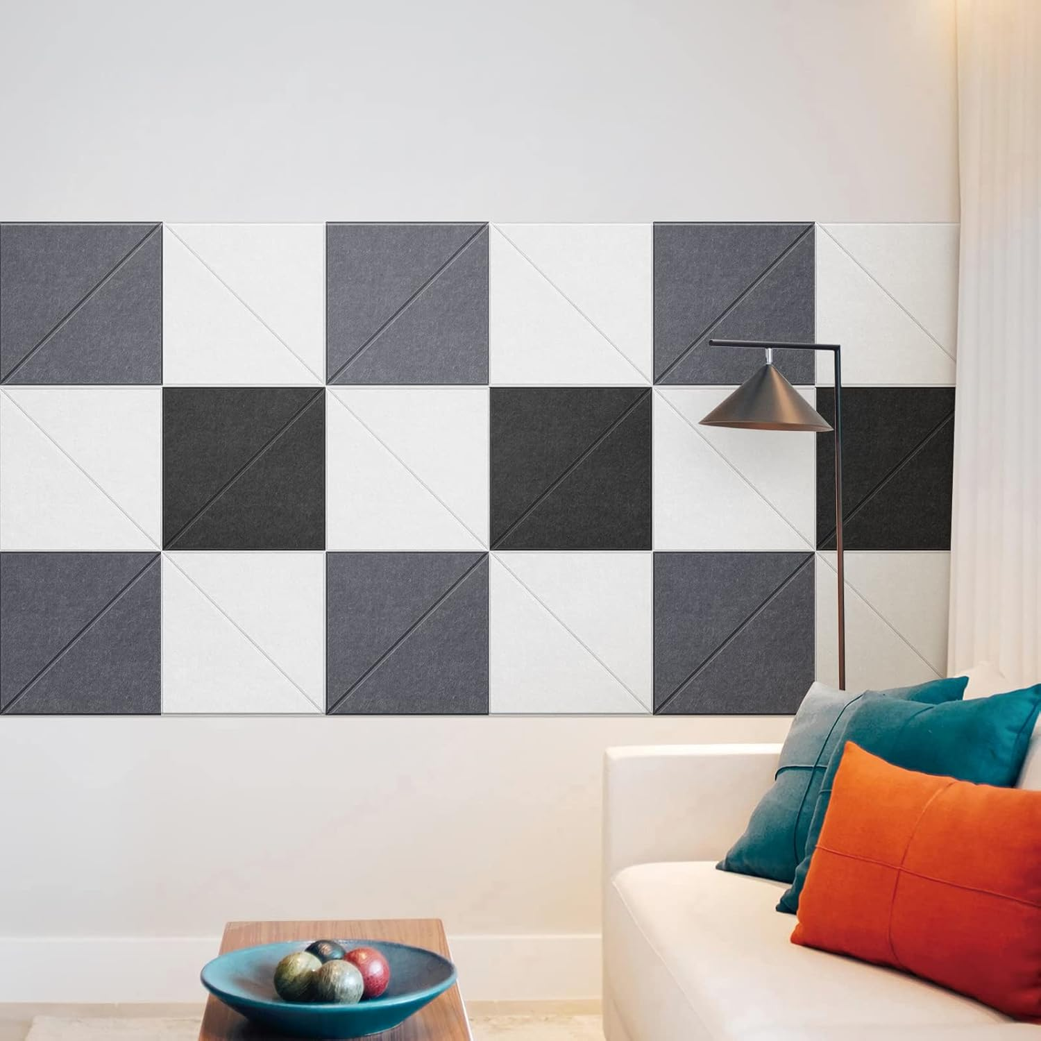 Lote de 12 paneles acústicos autoadhesivos, relleno insonorizante de poliéster, paneles murales insonorizantes de alta densidad, 30 x 30 cm, Blanco - 7