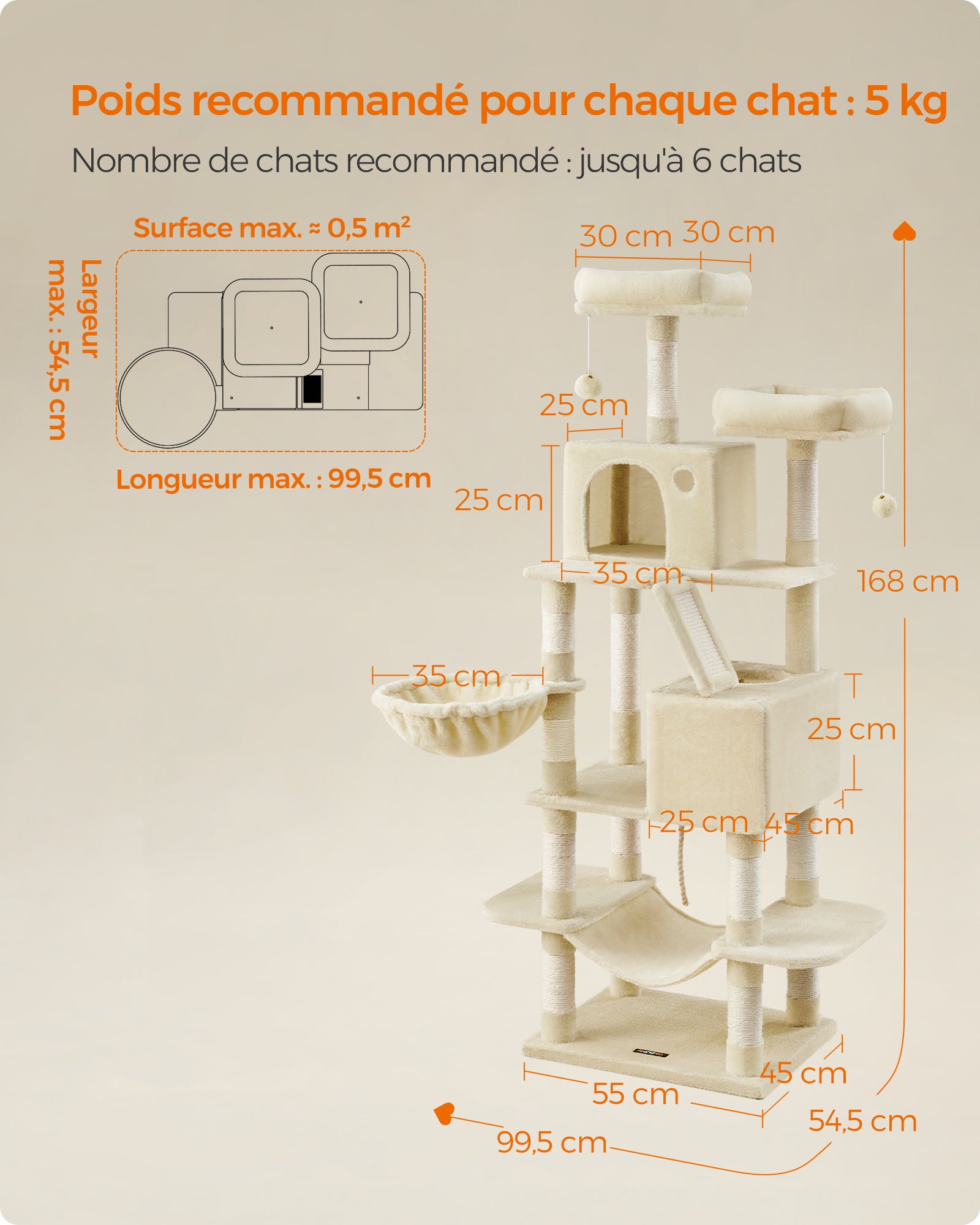 Arbre à Chat, Hauteur 168 cm, avec 13 Griffoirs, 2 Plate-forme, 2 Niches, Panier, Hamac, Pompon, Tissu Peluche, Beige - 5