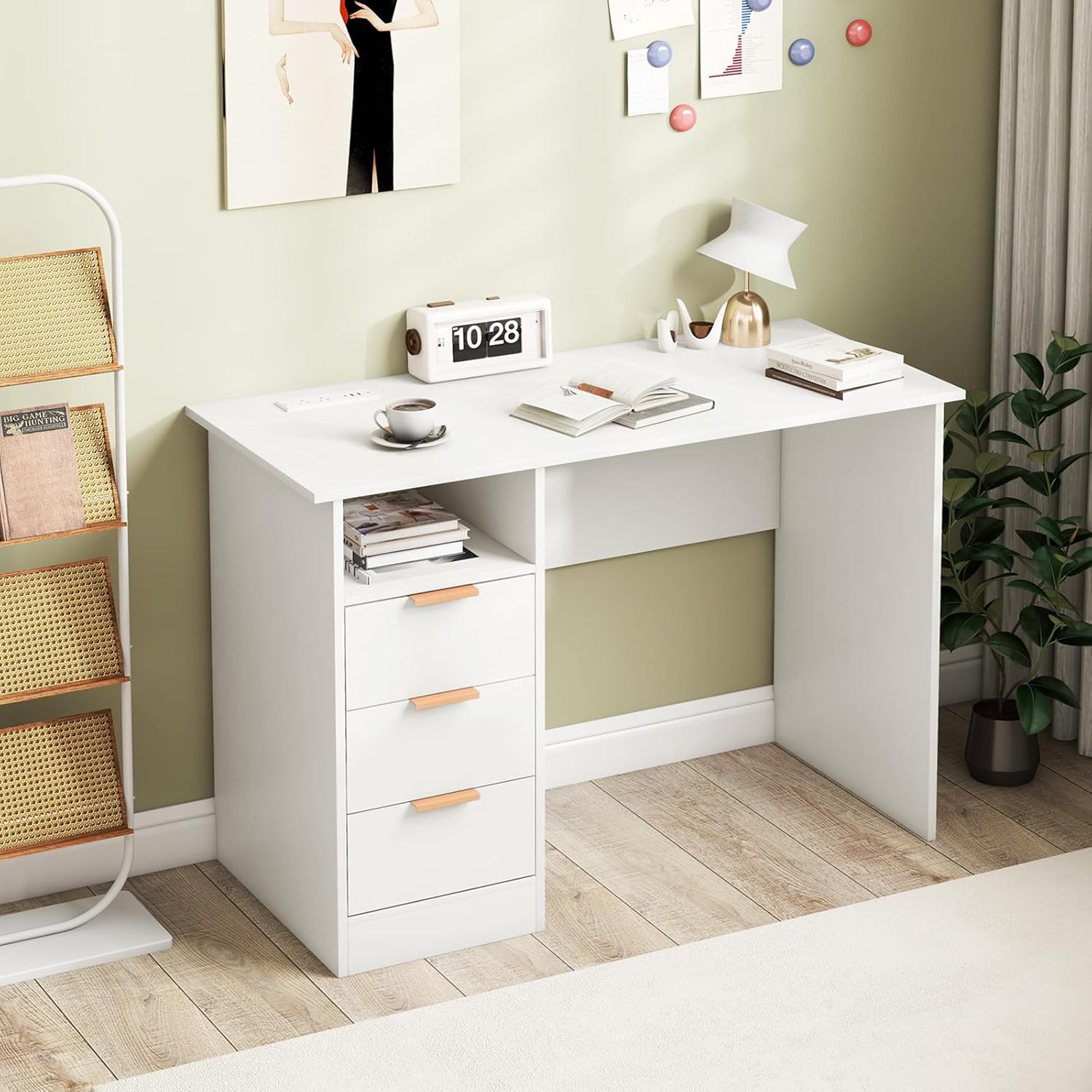 Biurko 105 cm z Gniazdkami Elektrycznymi, 3 Szufladami, Otwartą Przegrodą, Nowoczesnym Stanowiskiem Pracy z Portami USB Typu C (Kolor Biały) - 9