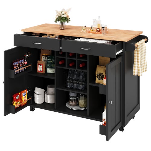 Isla de cocina moderna negra, madera, cajones y almacenamiento, 102×45×92 cm, multifuncional – comfortxl