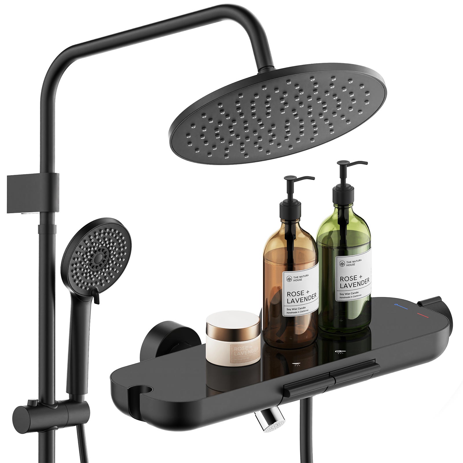 Columna de ducha termostática negra con estante integrado cabezal 9 pulgadas ducha de mano 4 funciones altura ajustable sistema ducha baño