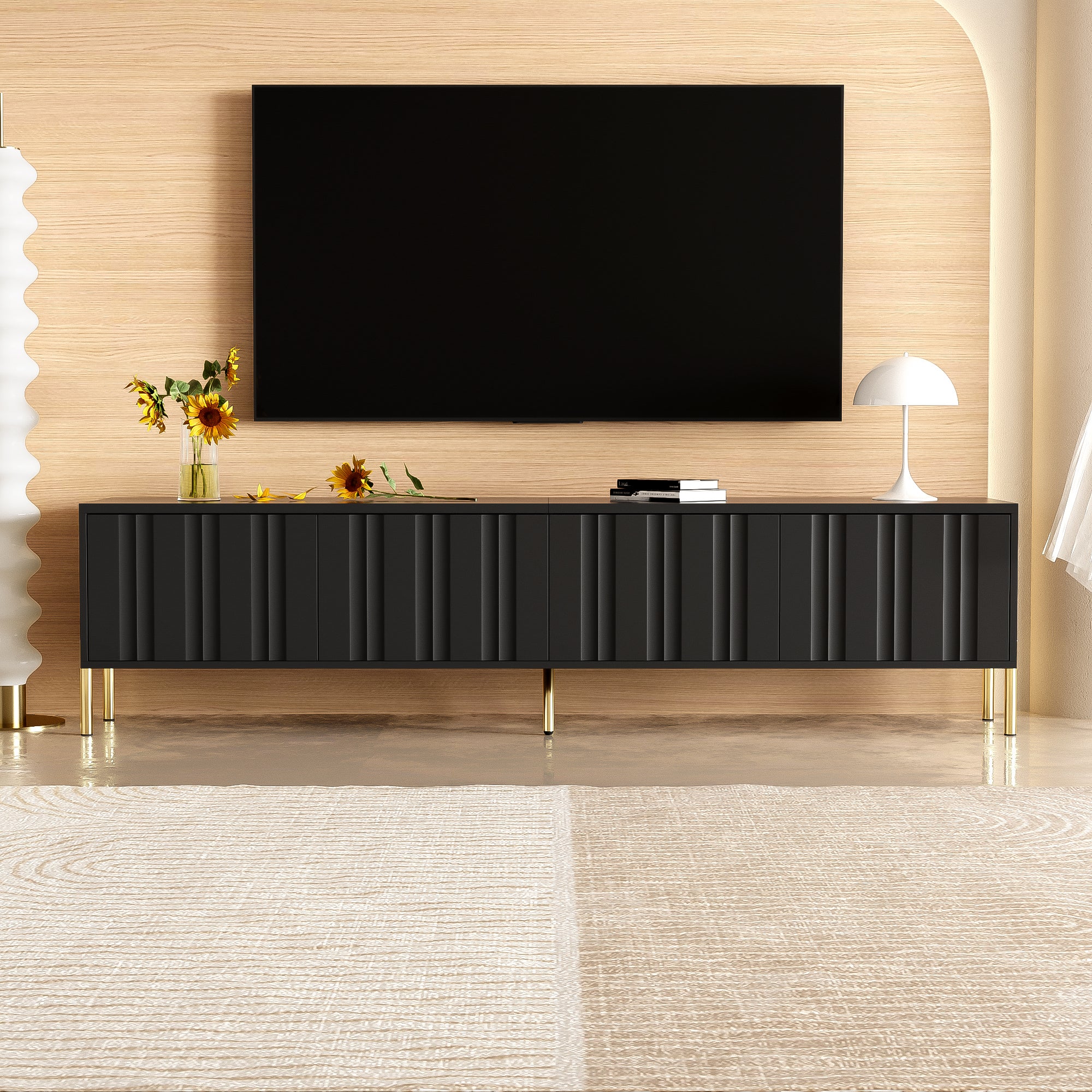 Stojak pod TV z 4 drzwiami - 190 x 38 x 48 cm - MDF + Płyta wiórowa - Wzór ryflowany - Czarny