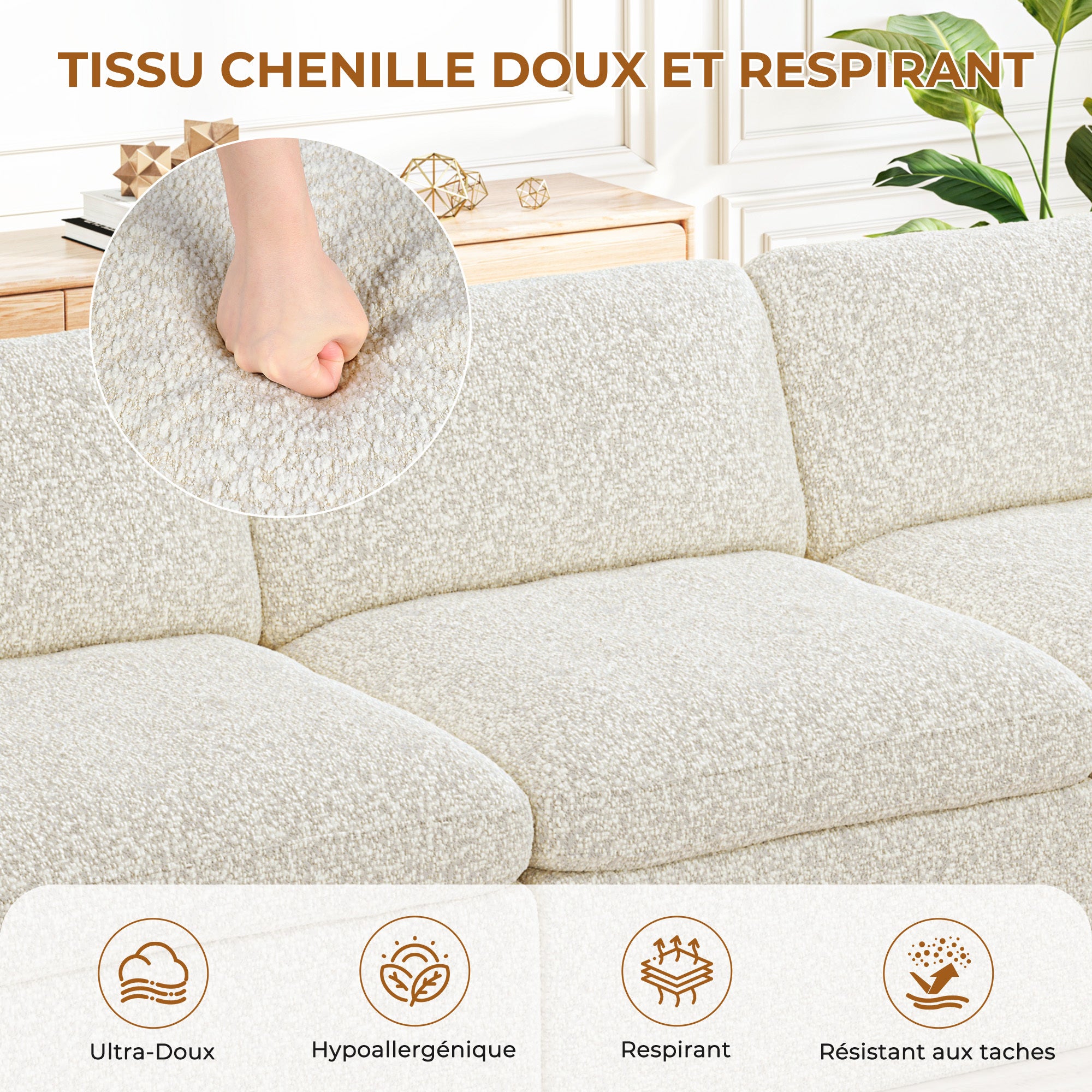 Canapé d'angle Panoramique Modulaire 7 Places en Chenille pour Salon/Bureau,Repose-pieds Amovible ,Beige - 8