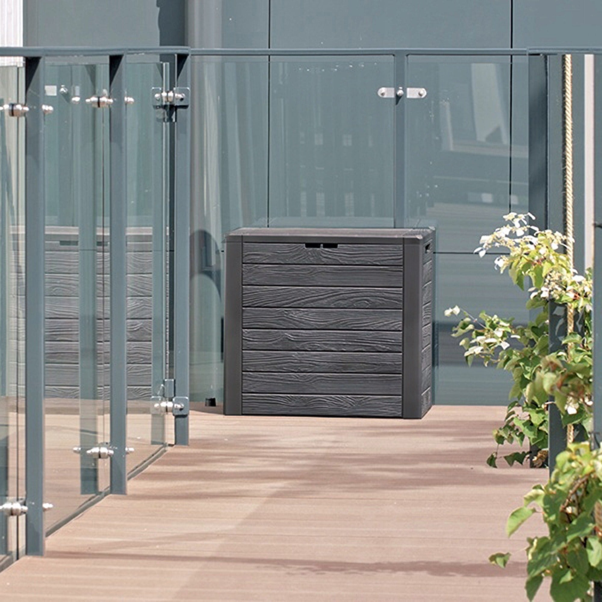 PROSPERPLAST Baúl de jardín WOODEBOX 140L., dimensiones (mm) 585x460x550, color Antracita - 9