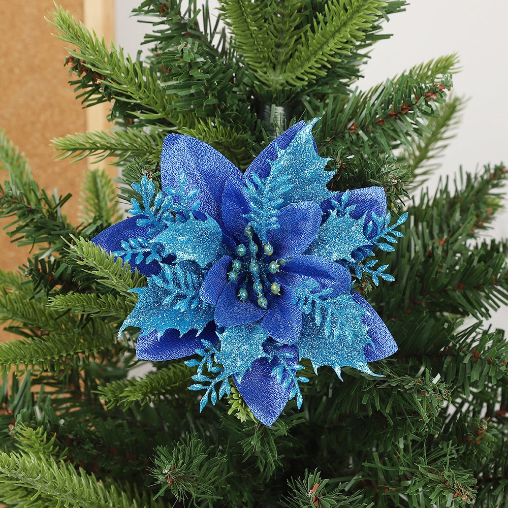 Lot de 10 décorations de Noël, fleurs artificielles scintillantes avec clips, décorations pour sapin de Noël, pendentifs de fleurs artificielles - 8
