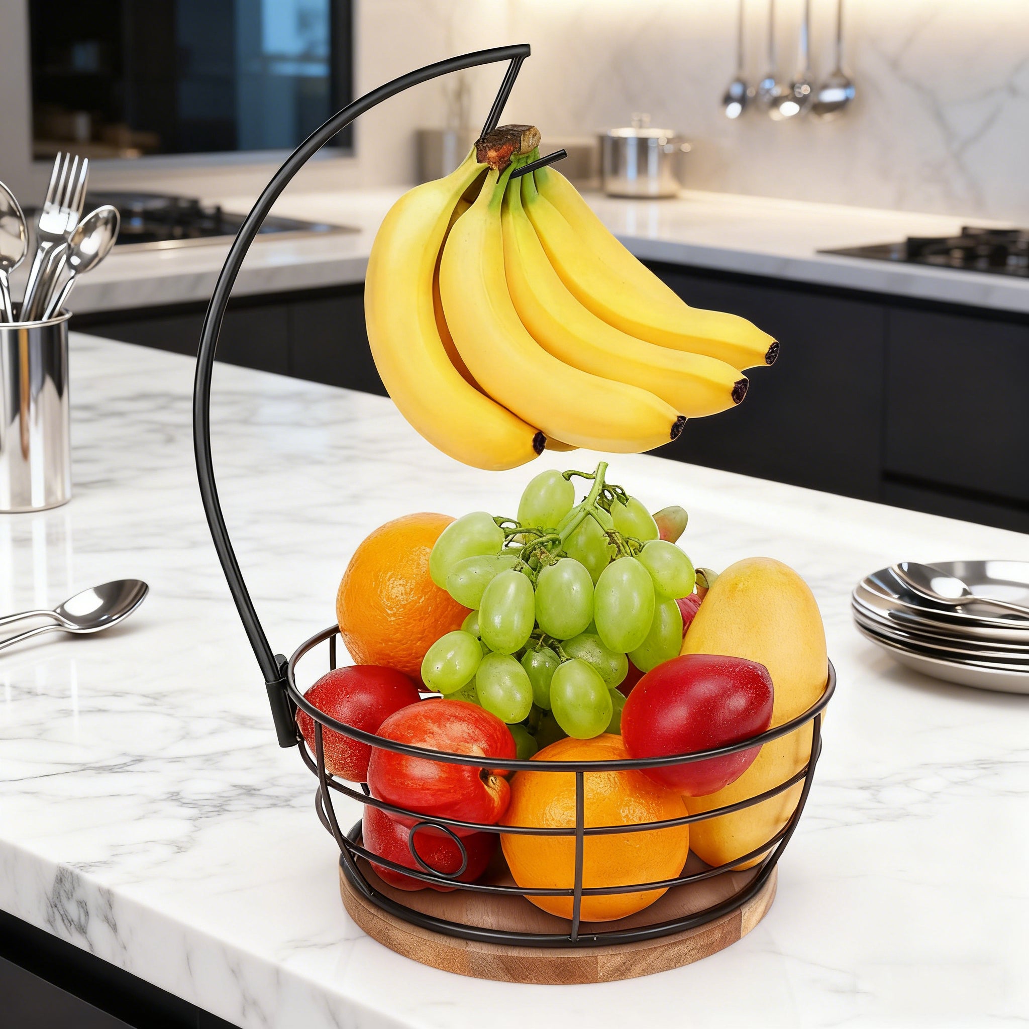 Set 4 cesti frutta con supporto per banane, ciotola elegante per cucina, contenitore per frutta e verdura, supporto pratico per tavolo - 4