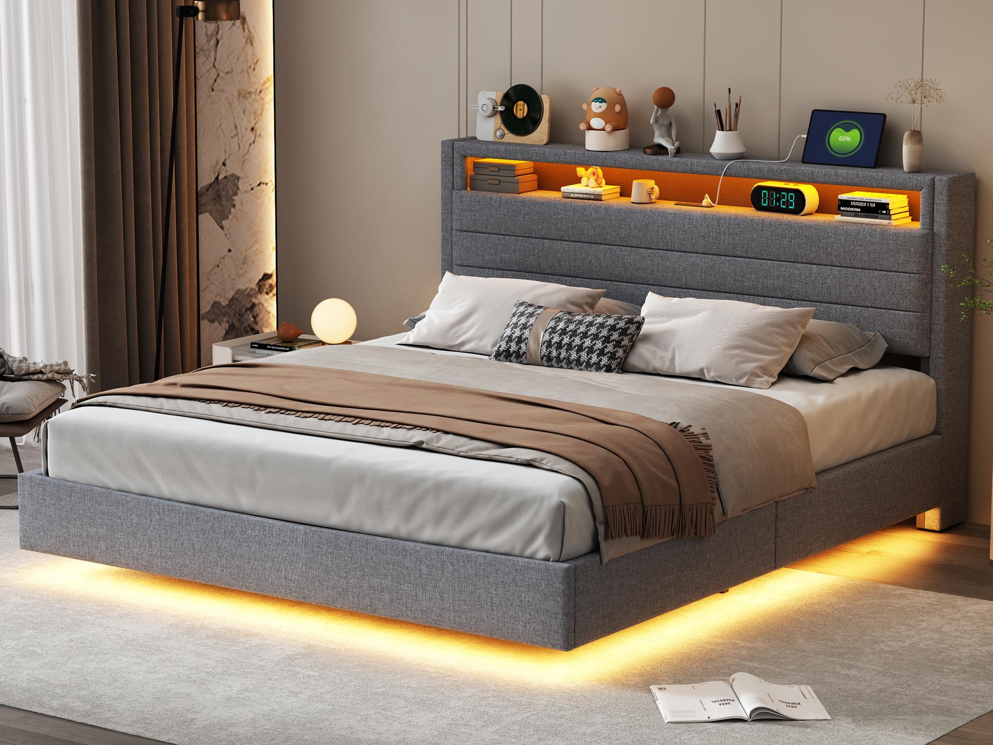 Łóżko skrzyniowe 160x200 cm - z wtyczką USB i diodą LED - Szare